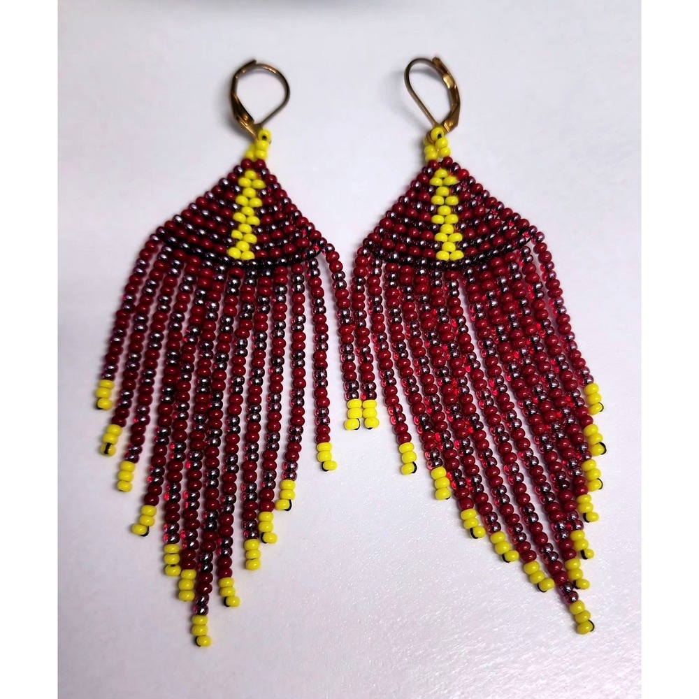 Maroon Yellow Seed Bead Fringe Earrings Chevron Boho Drop.